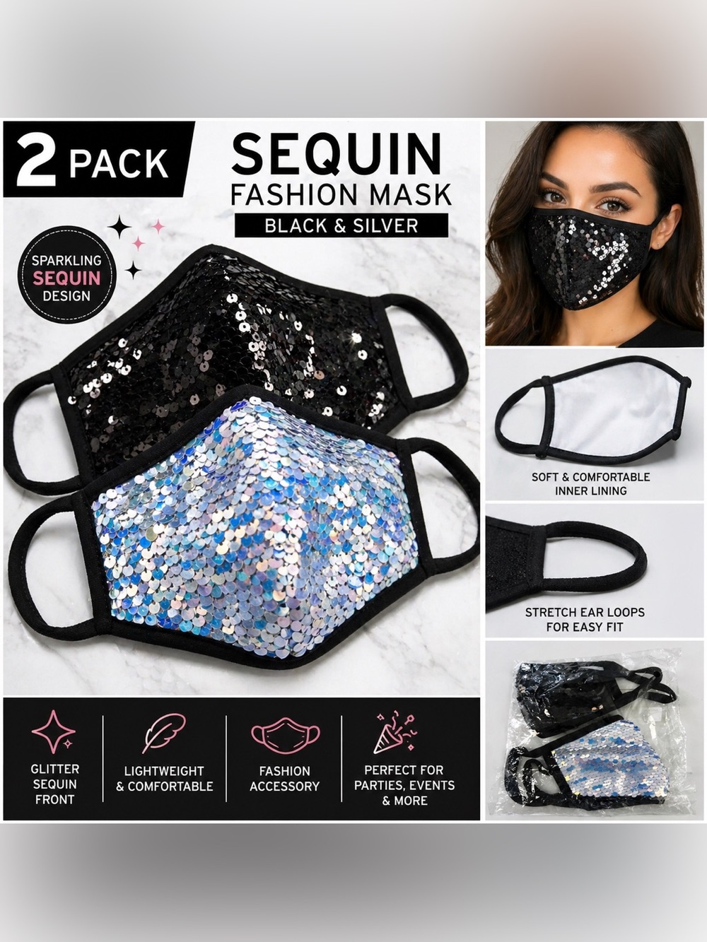 2PC Sequin Face Mask Black & Silver Glitter Fashion Mask New